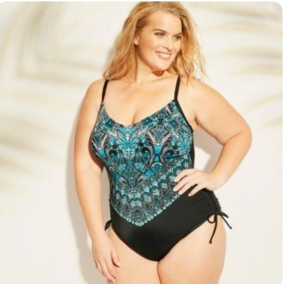 🆕 PLUS Size 22 22W 3X Aqua 1pc Cinch Sides Swim Suit Swimsuit NWT NEW - Picture 1 of 2